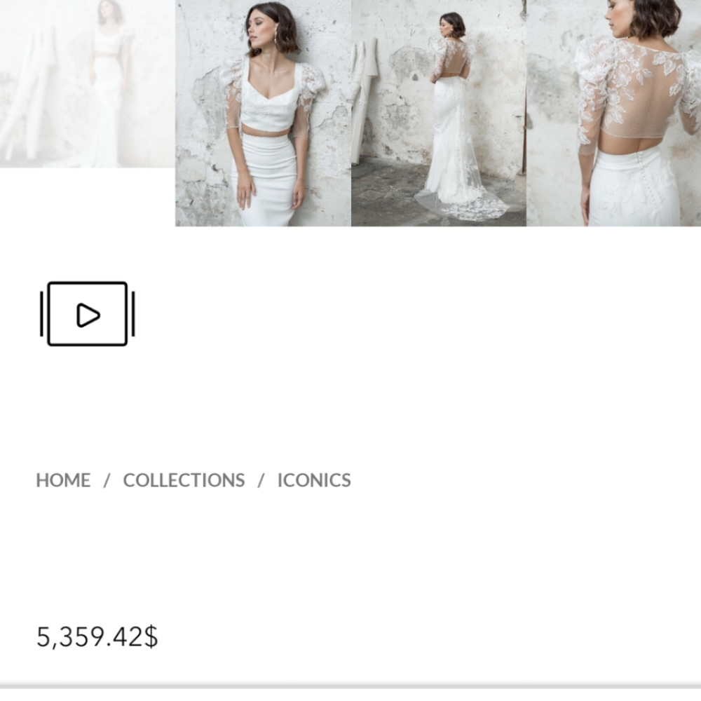 Rime Arodaky White Two-Piece Bridal Gown with Lace Puff Sleeves - Picture 7 of 11